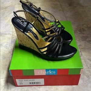 Women’s Charles by Charles David Black Leather Wedge Sandals - Size 7